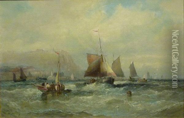 Fishing Boats In The South Bay Scarborough Oil Painting - William A. Thornley Or Thornber