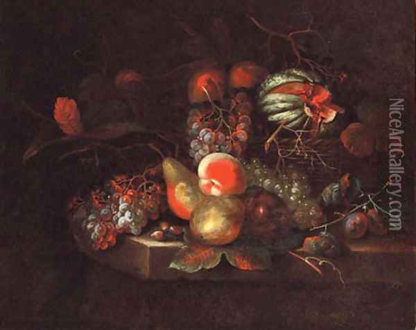 Grapes, pears, peaches, and a melon in a basket, on a stone ledge Oil Painting - William Sartorius