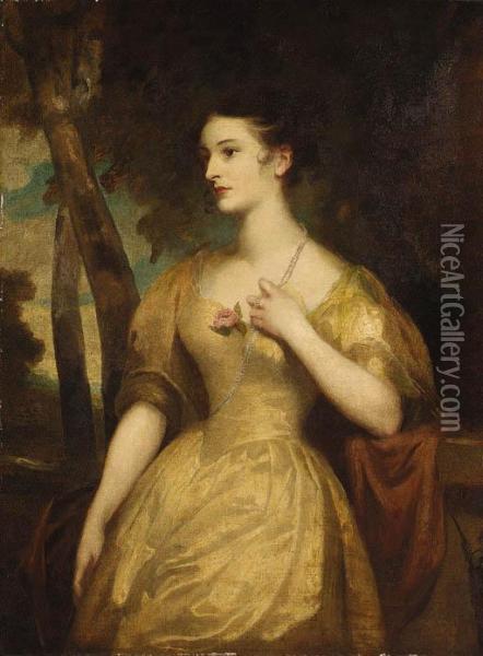 Portrait Of A Lady Said To Be 
Miss Harford, Standing Three-quarterlength In A Landscape By A Pedestal,
 Wearing A Yellow Dress And Apearl Necklace Oil Painting - John Opie