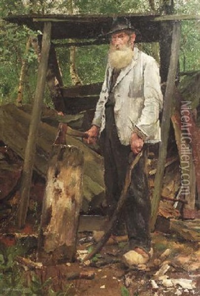 Der Alte Bauer Beim Holzhacken Oil Painting - Hans Schmitz
