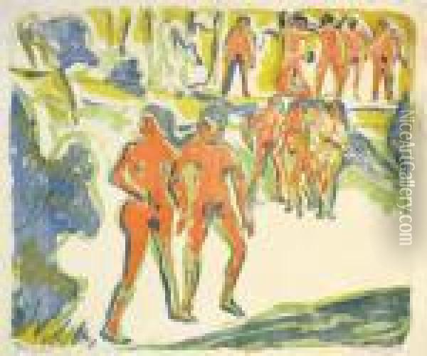 Gruppe Badender - Sonntag In Moritzburg, Badende Oil Painting - Ernst Ludwig Kirchner