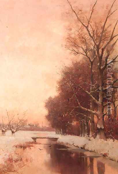 A snow-clad landscape at dusk Oil Painting - Fredericus Jacobus Van Rossum Chattel