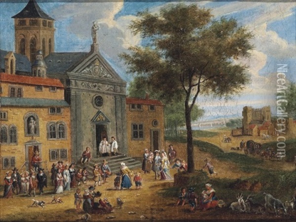 A Village Street With Musicians And Figures Outside A Church Oil Painting - Mathys Schoevaerdts