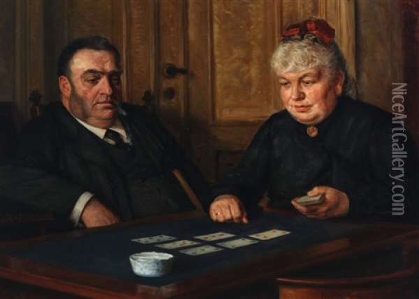 A Double Portrait Of An Elderly Couple, With The Woman Playing Solitaire Oil Painting - Heinrich Dohm