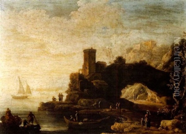 A Rocky Coastal Inlet With Fisherfolk, A Tower And An Arch Beyond Oil Painting - Antonio Maria Marini