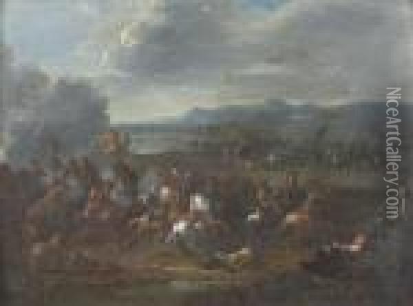 Reitergefecht Vor Einer Weiten Hugeligen Landschaft. Oil Painting - Karel Van Breydel (Le Chevalier)