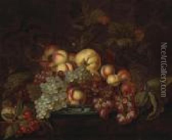 A Still Life With Grapes, 
Peaches And Other Fruit In A Porcelain Dish On A Partially-draped Table Oil Painting - Bartholomeus Assteyn