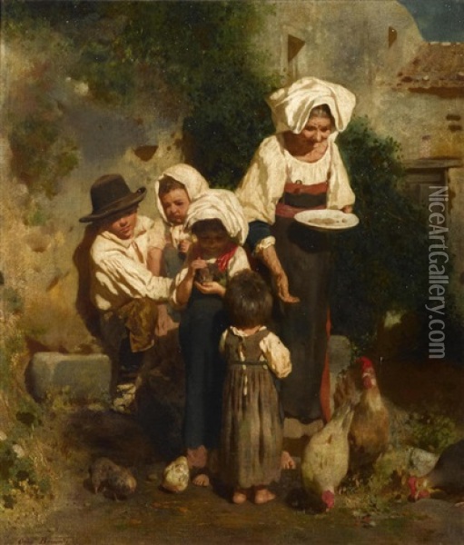 Feeding The Chickens Oil Painting - Otto Brandt