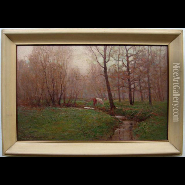 Cattle Grazing By Creek Oil Painting - Alexander M. Fleming