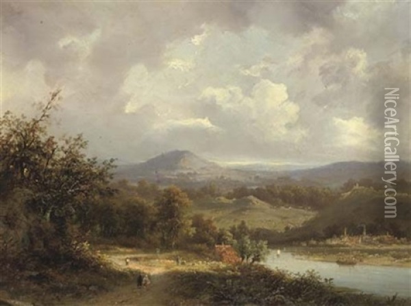A Hilly Landscape With A Village Along A River Oil Painting - Claus Hendrik Meiners