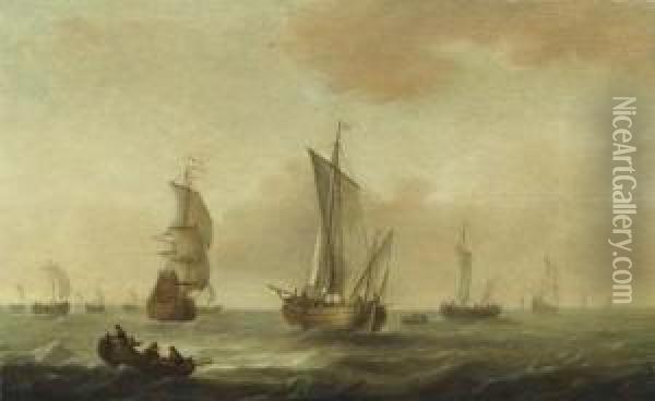 Fishermen In Rowing Boat Before Numerous Sailing Ships. Oil Painting - Pieter Jansz. Coopse