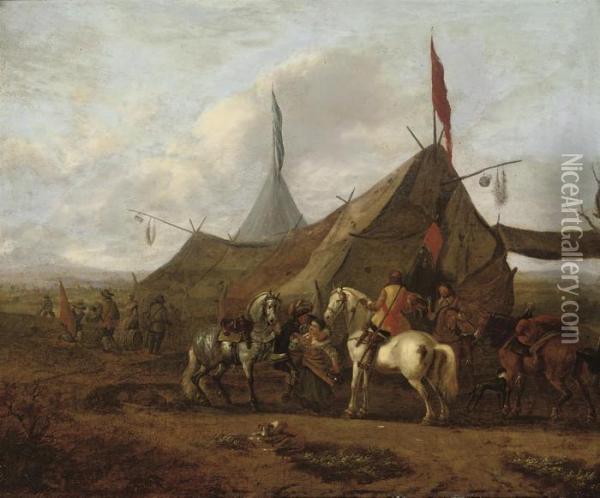 Horsemen At Rest By A Sutler's Tent, An Extensive Landscapebeyond Oil Painting - Pieter Wouwermans or Wouwerman