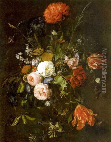 A Still Life With Roses, Tulips, A Carnation And Other Flowers In A Glass Vase On A Ledge With Snails And Other Insects Oil Painting - Jan Davidsz De Heem