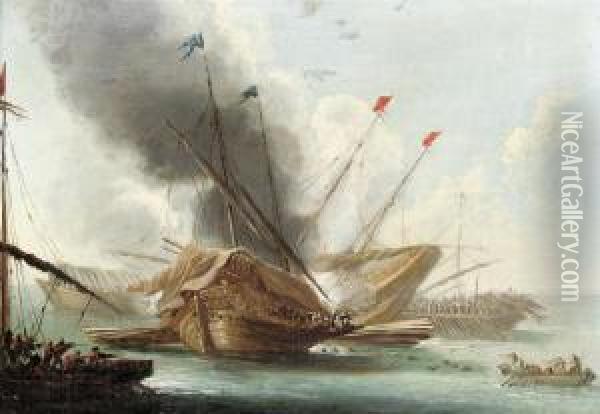 Ottoman Galeasses And Other Shipping Exchanging Fire Oil Painting - Andries Van Eertvelt