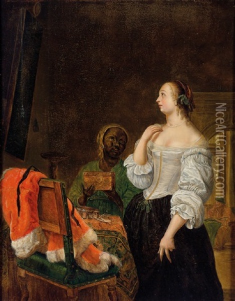 Einer Dame Wird Von Ihrer Dienerin Eine Schmuckkassette Gereicht Oil Painting - Frans van Mieris the Elder