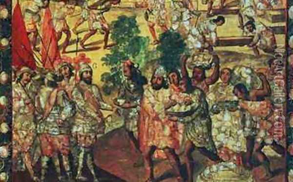Detail of Hernan Cortes 1485-1547 Entering Cempoal and Receiving Chief Gordo Quauhtlaebana Who Gives Meat and Presents to all the Spaniards Oil Painting - Miguel Gonzalez