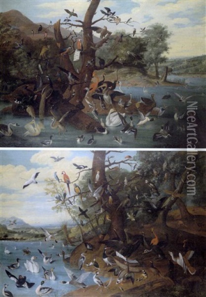 Le Parlement Des Oiseaux (+ Another, Similar; Pair) Oil Painting - Carl Wilhelm de Hamilton