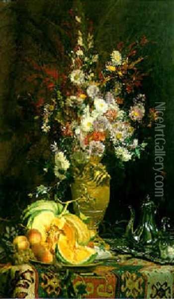 Nature Morte Aux Fleurs Et Potiron Oil Painting - Hippolyte Pierre Delanoy