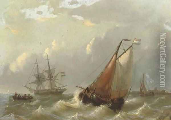 Dutch vessels on choppy waters by a coast Oil Painting - George Willem Opdenhoff