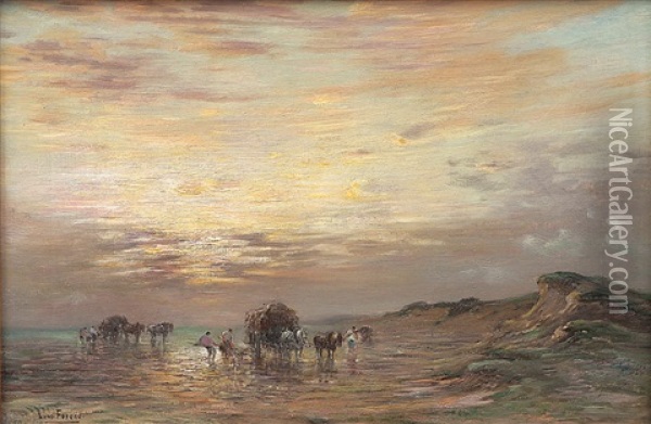 Dunenkuste Im Aberndlicht Mit Pferdegespannen Links Oil Painting - Henri-Louis Foreau