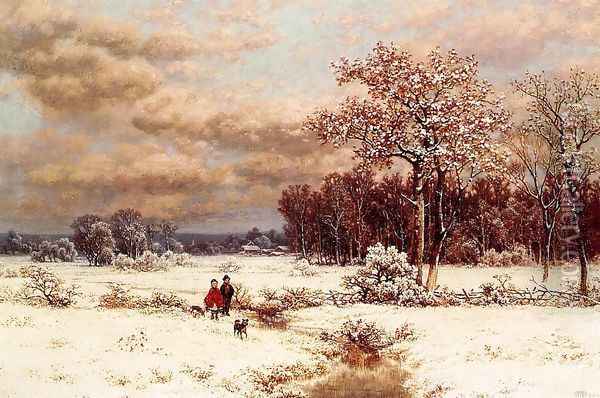 Children in a Snowy Landscape Oil Painting - William Mason Brown