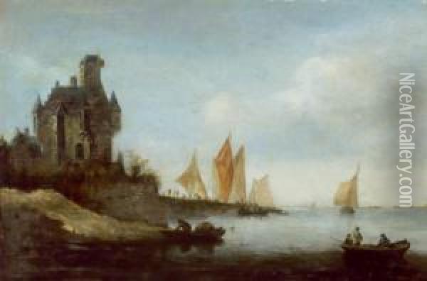 Paesaggio Fluviale Con Una Fortezza E Barche Di Pescatori Oil Painting - Reinier Van Der Laeck