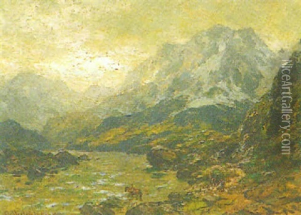Norwegische Fluslandschaft Mit Reiter Oil Painting - Carl August Heinrich Ferdinand Oesterley