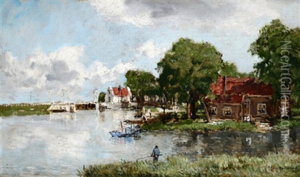 Landschap Met Sluis En Visser Aan De Oever Oil Painting - Johan Hendrik van Mastenbroek