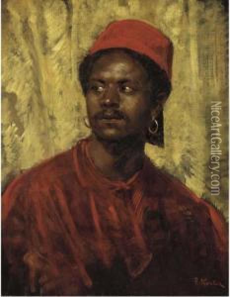 Portrait Of An Egyptian Man, Head And Shoulders, In A Dark Red Coat Oil Painting - Franz Xavier Kosler