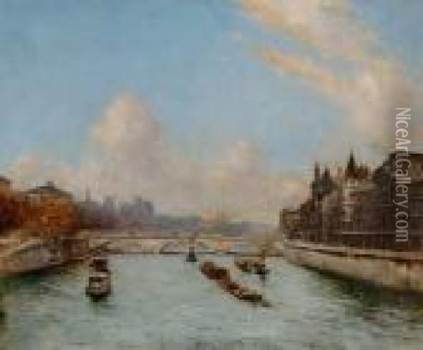 La Seine A Paris Pres Du Palais De Justice Oil Painting - Alexis Vollon