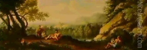 Figures Resting In A Pastoral Campagnian Landscape Oil Painting - Andrea Locatelli