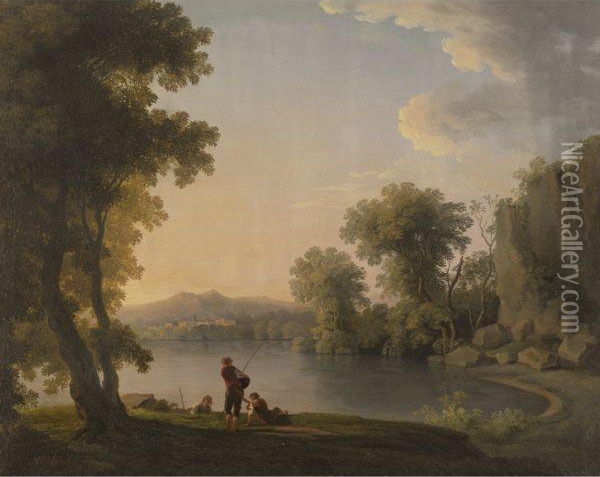 Three Fisherman Resting Alongside A Lake Oil Painting - William Ashford