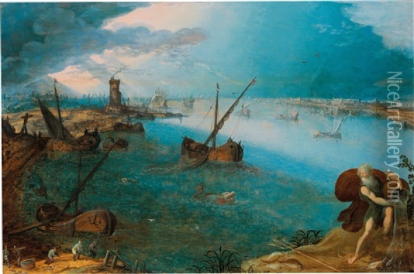 A Wide Harbor Scene With Fishermen And The Seagod Neptune Oil Painting - Louis de Caullery