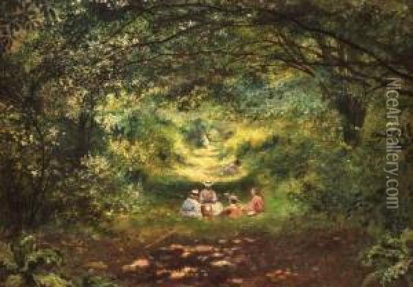 Figures Picnicking On A Sunlit Path Oil Painting - Frederick P. Shuckard