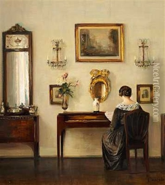 Interior Med Kunstnerens Hustru Ved Klaveret Oil Painting - Carl Vilhelm Holsoe