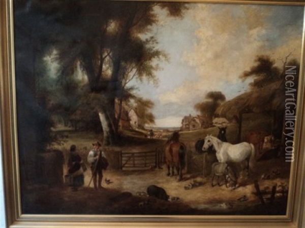 A Busy English Farmyard Oil Painting - Charles Henry Cook