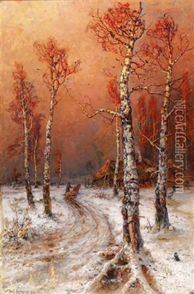 Wintry Atmosphere With Rooks Oil Painting - Yuliy Yulevich (Julius) Klever