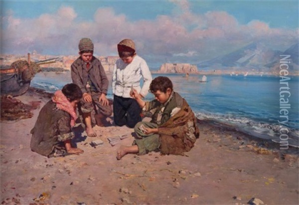 Spielende Kinder Am Golf Von Neapel Oil Painting - Giuseppe Giardiello