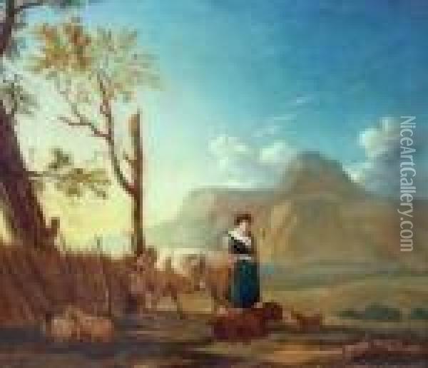 Sudlandische Landschaft Mit Junger Frau Und Tieren Oil Painting - Karel Dujardin