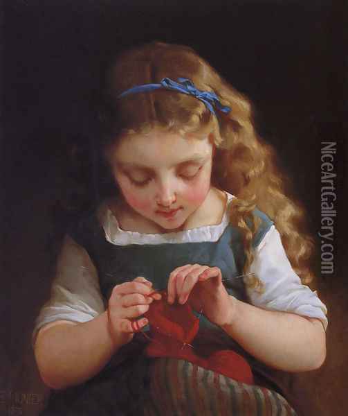 A Careful Stitch Oil Painting - Emile Munier