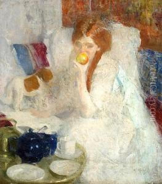 A Study Of A Girl Eating An Apple Oil Painting - Beatrice Julia How