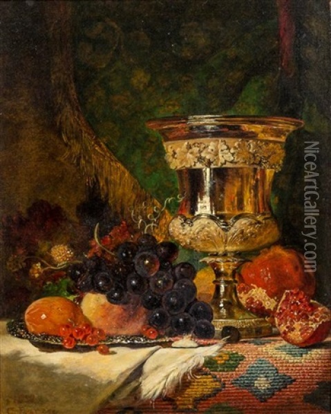 Still Life With Gilt Bronze Ewer Oil Painting - George Lance