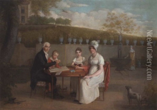 Portrait Of The Arlaud Family, Seated At A Table In An Enclosed Garden, A Vineyard Beyond Oil Painting - Marc-Louis Arlaud