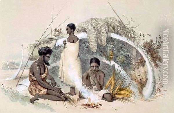 Natives of Encounter Bay, making cord for fishing nets in a hut formed from the ribs of a whale Oil Painting - George French Angas