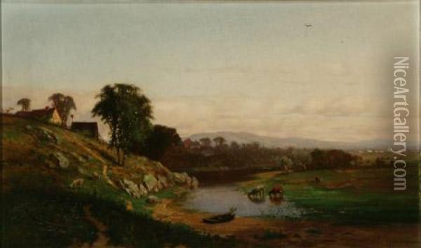 New England River Landscape With Cows And Sheep Oil Painting - Frederick Dickinson Williams