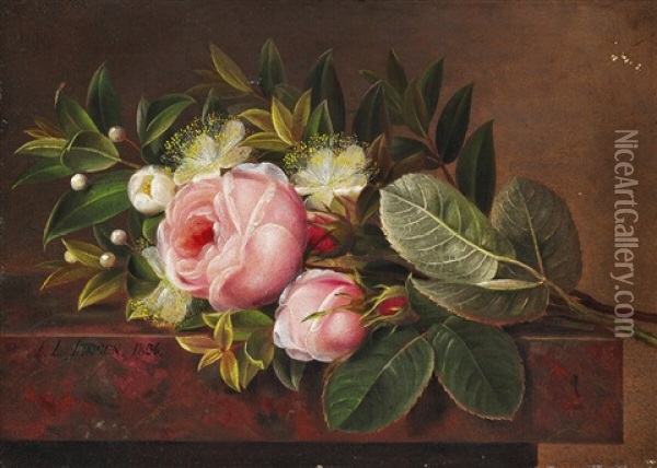 Bouquet Of Roses On A Stone Sill Oil Painting - Johan Laurentz Jensen