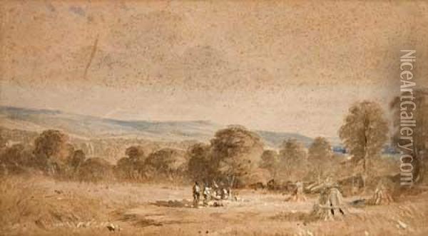Landscape With Figures In A Field Oil Painting - Karl Bodmer