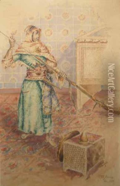 Beduin Incarcndu-si Pusca Oil Painting - Stefan Burcus