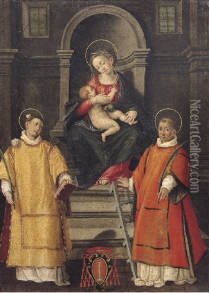 Madonna Col Bambino, Santo Stefano E San Lorenzo Oil Painting - Lucca Longhi