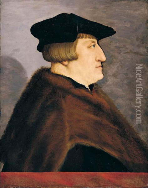 Portrait Of A Gentleman, Half Length, In Profile, Wearing A Black Hat And Jacket With A Fur Coat, Before A Parapet Oil Painting - Christoph Ambeger